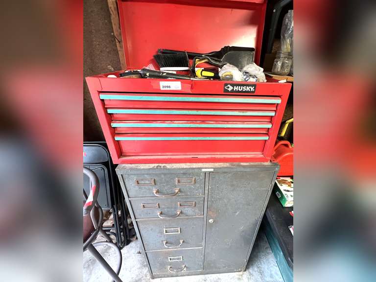 Garage… Husky four drawer toolbox with assorted hand tools, also includes metal Steel Master cabinet, see pictures for details. image