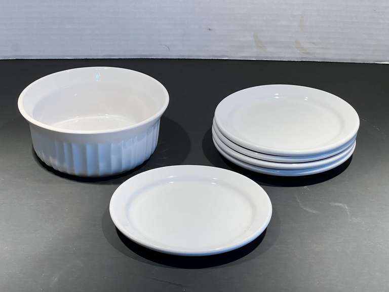 DR… Libbey porcelain bread plates, five pieces, also includes a small Corningware, French White, 16 OZ casserole dish, see pictures for details. image