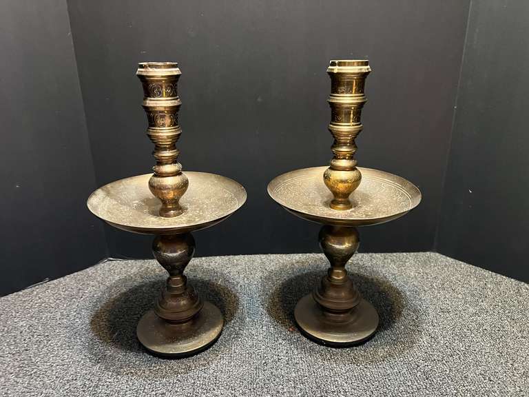 Vintage etched brass candlestick holders, set of two, believed to be for Altar Prayer candles, see pictures for details. image