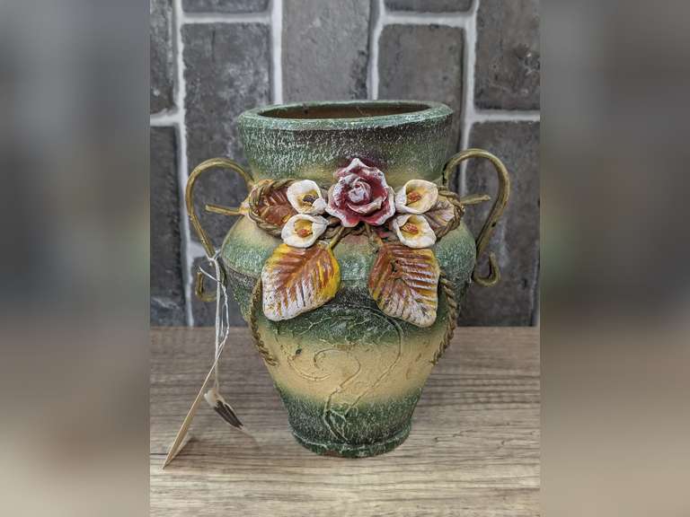 VINTAGE POTTERY VASE WITH METAL DECOR AND HANDLES image