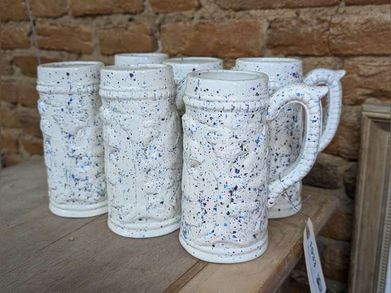 SIX VINTAGE HANDMADE AND HAND SIGNED STONEWARE STEIN MUGS image