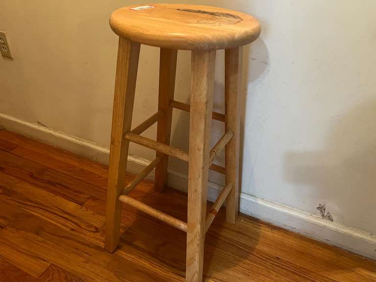 Round wooden barstool, appears to have been used as a plant stand, see pictures for details. image