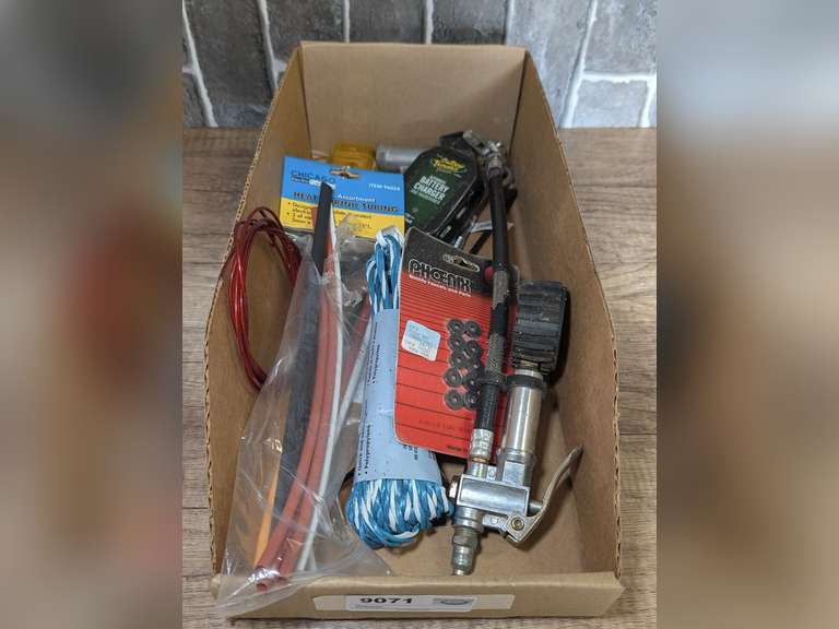 SHOP SUPPLIES AND TOOLS INCLUDING BATTERY TENDER AUTOMATIC BATTERY CHARGER AND MAINTAINER, HEAT SHRINK TUBING, CLOTHESLINE ROPE, AND MORE image