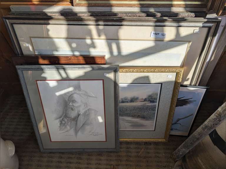 ALL ART (MOSTLY SIGNED) IN FLOOR AREA BELOW CHAIR RAIL MARKED 1027 INCLUDING MULTIPLE SIGNED AND NUMBERED STAN STRICKLAND PRINTS image