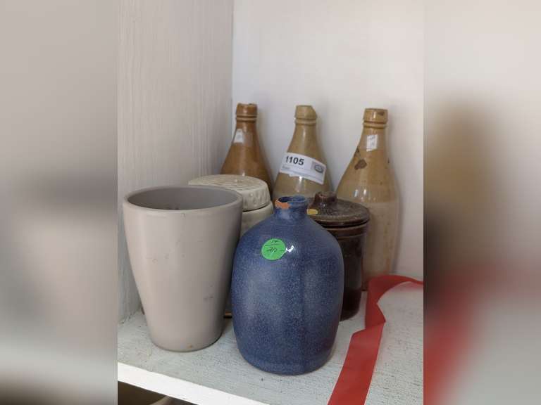 ANTIQUE GLAZED POTTERY BEER BOTTLES AND OTHER POTTERY IN SHELF AREA MARKED 1105 image