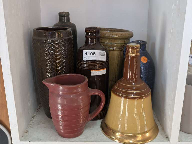 DECORATIVE GLAZED POTTERY VASES, BOTTLE, AND WADE BELL'S SCOTCH WHISKEY SCOTLAND DECANTER image