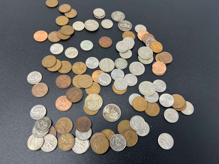 Assortment of potentially collectible dimes, nickels, and pennies. Total weight of this bag is 9.755 ounces. See pictures for details. image
