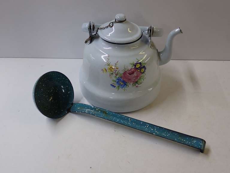 Floral Enamelware Tea Kettle with Markings and Ladle image