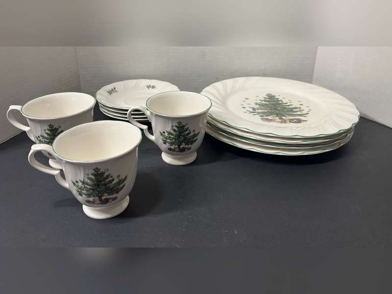 BR2…Nikko china “Happy Holidays” dinnerware. Four place settings, one cup is missing, see pictures for details. image