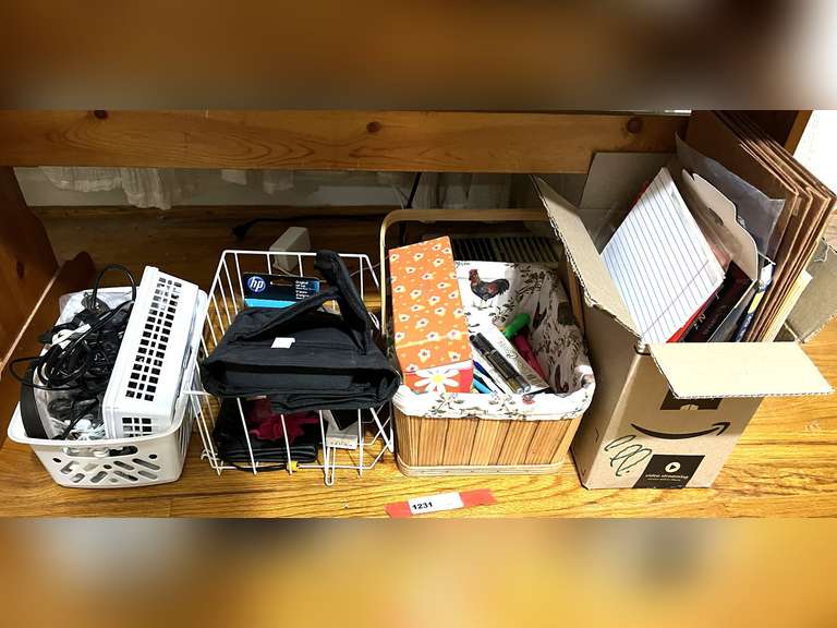 BR1…Office lot, includes assorted folders, Canon high resolution paper, assorted pens and markers, notepads, HP ink (62), and more. See pictures for details. image