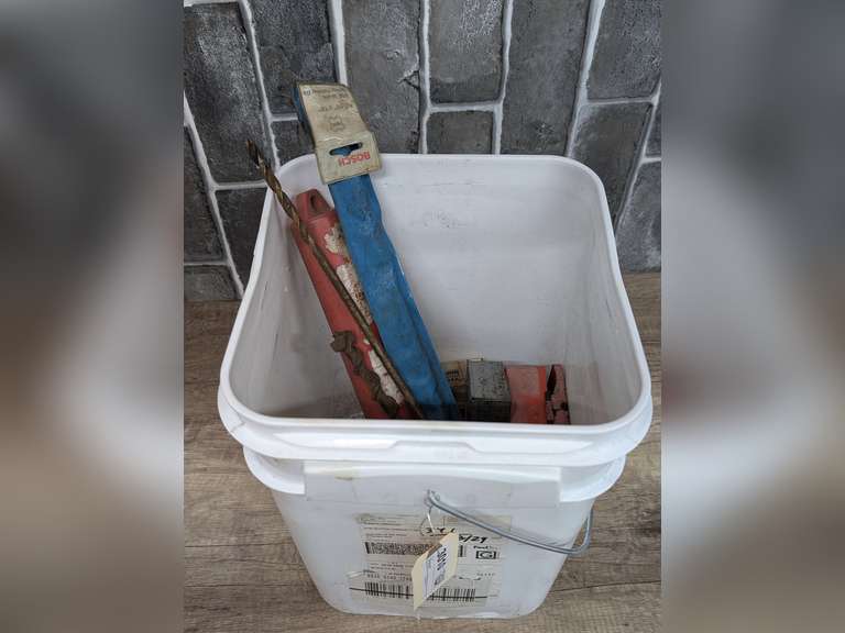 BUCKET FILLED WITH EXTRA LONG LARGE SIZE DRILL BITS, MASONRY BITS, DRILL BIT INDEX BOXES, AND MORE image