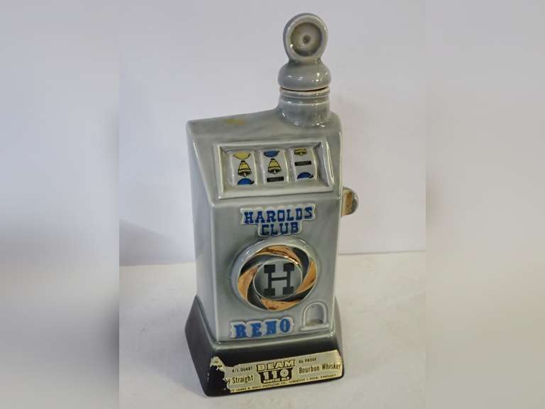 Harolds Club Reno Slot Machine Ceramic Decanter Beam Bourbon Whiskey 1968 image