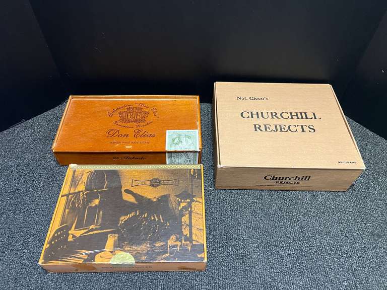 Collectible cigar boxes, includes two wooden, three pieces total, see pictures for details. image
