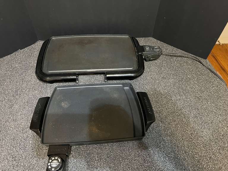 DR…Tru and Presto electric flat griddles, powers up, the Tru griddle is missing the grease catcher, see pictures for details. image