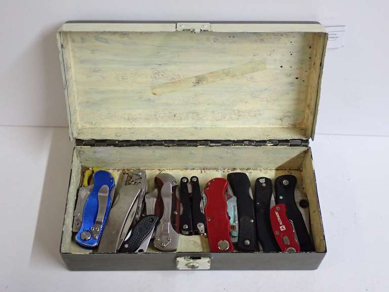 Collection of Box Cutters, Multi-Tools & Pocket Knives in Vintage Storage Box image
