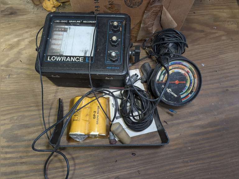VINTAGE LOWRANCE MODEL LRG- 1510C PAPER GRAPH RECORDER WITH PAPER, TRANSDUCER, MOUNT, ORIGINAL MANUAL, AND BONUS COLOR-C-LECTOR image