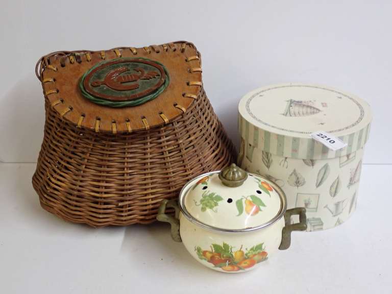 Decorative Storage Boxes, Woven Basket, and Enamelware Pot image