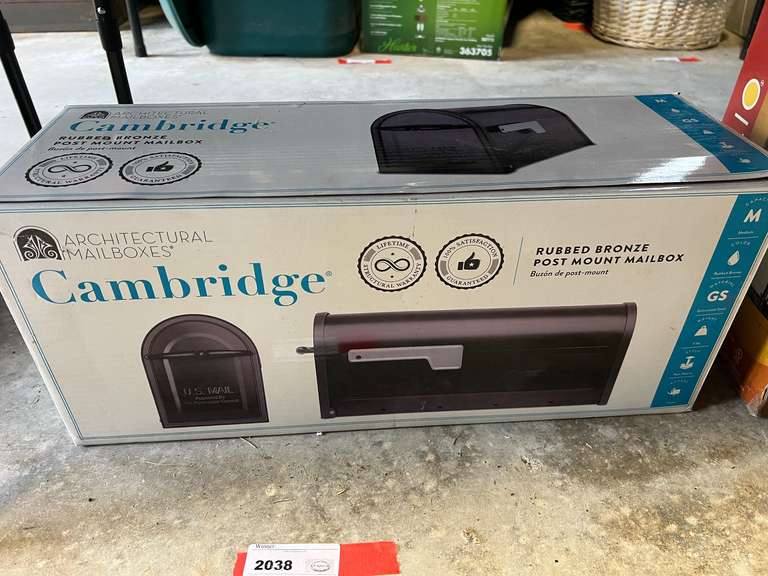 Garage… Cambridge rubbed bronze post mount mailbox, comes in original box, see pictures for details. image