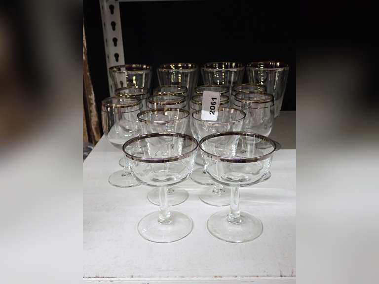 Set of Stemmed and Footed Glasses with Silver Trim image