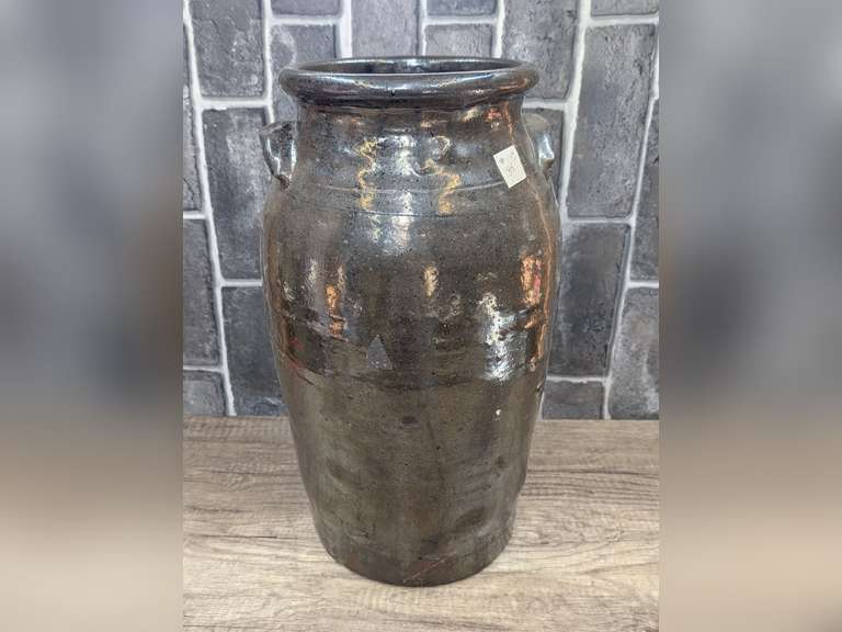 OLD GLAZED POTTERY CROCK CHURN image