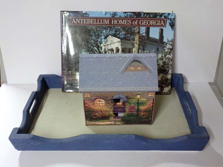 Wooden Tray, Antebellum Homes of Georgia Book, and House-Shaped Stationary Holder image