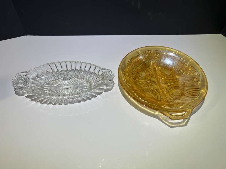 Garage…Vintage  Marigold Relish Dish with handle, believed to be vintage Indiana glass, also includes an oval relish dish, believed to be vintage Anchor Hocking, see pictures for details. image