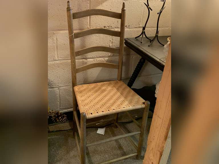 ANTIQUE LADDER BACK CHAIR W/ WOVEN RUSH SEAT image