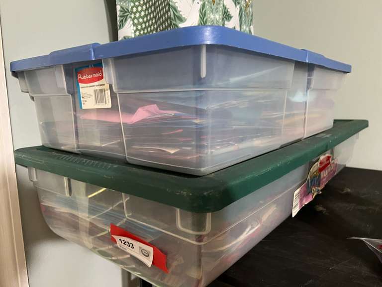 BR1… Rubbermaid totes of assorted Christmas bags, and more. See pictures for details. image