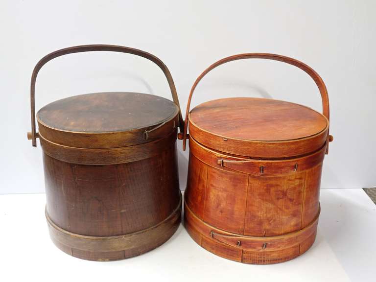 Two Wooden Firkin Buckets with Lids and Handles image