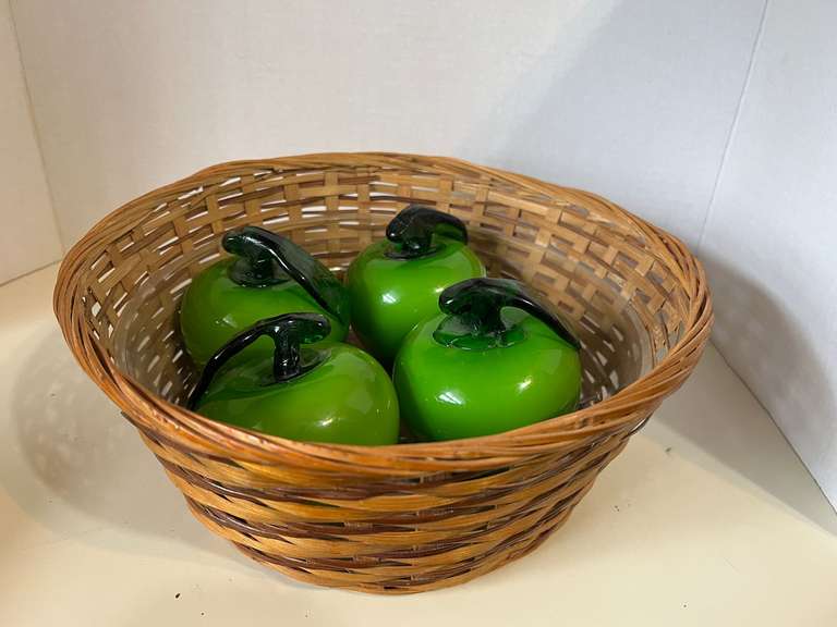 KIT...Beautiful Murano style art glass green apples, set of four, comes with woven basket, see pictures for details. image