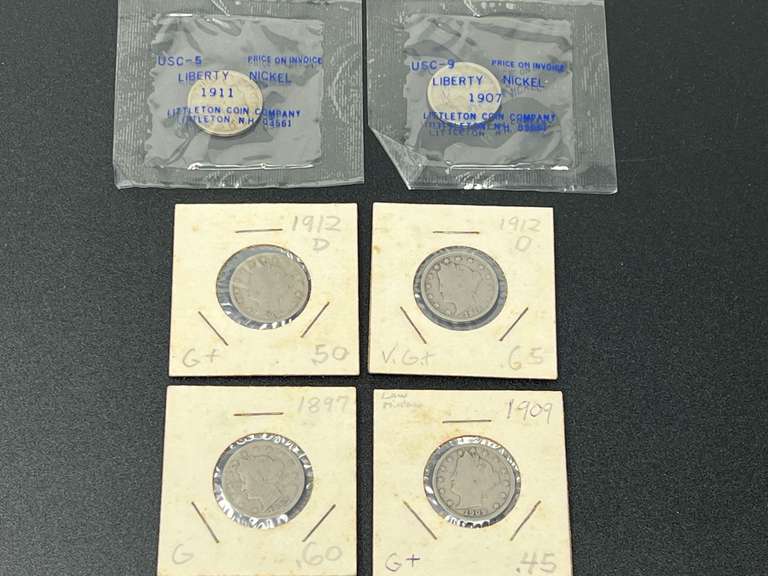 Liberty nickels, 1897, 1907, 1909, 1911, and 1912, six pieces, see pictures for details. image