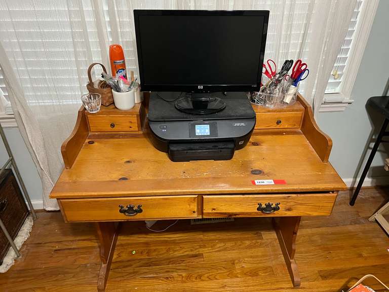 BR1…Vintage trestle style desk with two drawers and two tabletop drawers. Comes with an HP Envy 5660 printer, powers up, also comes with an HP S2031 monitor, no cord, and more. See pictures for details. image