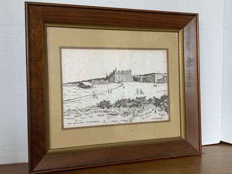 VINTAGE FRAMED PEN & INK DRAWING "THE GULF LINKS" ST ANDREWS BY H.F. MCGREGOR 15X13 image