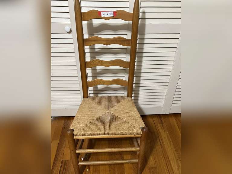 BR1…Vintage farmhouse ladder back chair with rush seat, seat is worn, see pictures for details. image