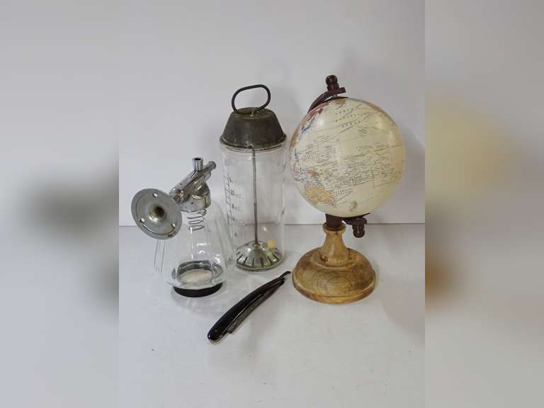 Vintage Collectible Items - Globe(w/damage), Mixer, Sprayer, and Straight Razor image