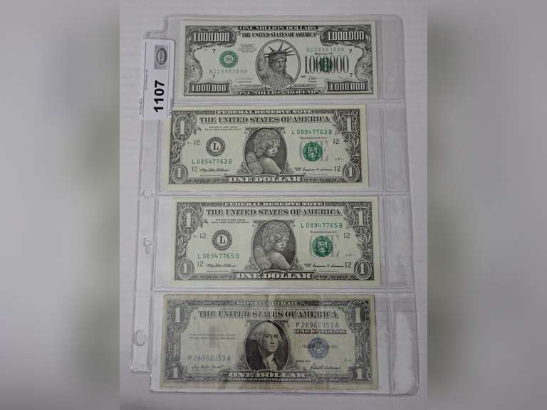 (1) SERIES 1957 $1 SILVER CERTIFICATE, (2) ANGEL SERIES $1 NOTES & (1) $1,000,000 NOVELTY NOTE image