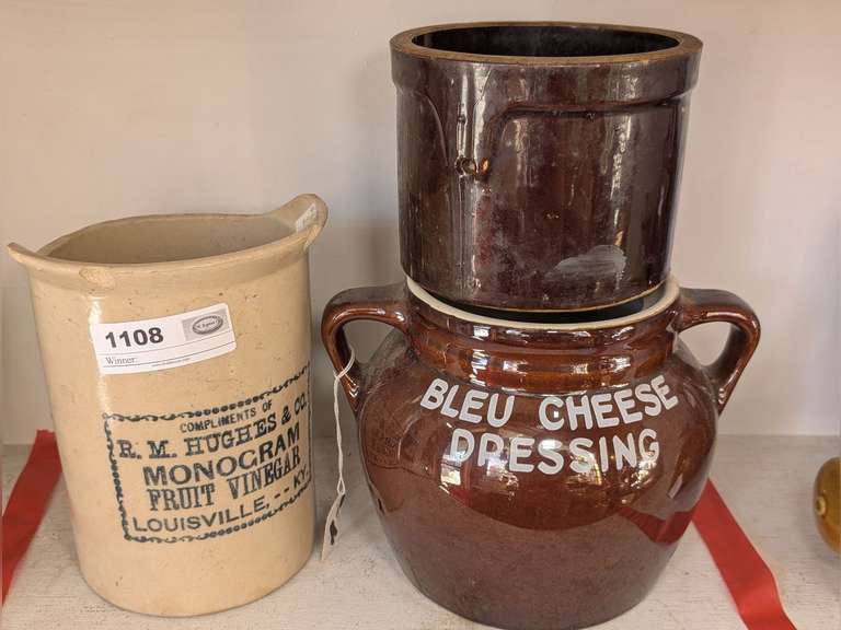 OLD R. M. HUGHES & CO. MONOGRAM FRUIT VINEGAR PROMOTIONAL PITCHER, ANTIQUE GLAZED POTTERY CROCK JAR, AND HALL POTTERY USA BLEU CHEESE DRESSING DOUBLE HANDLE POT image