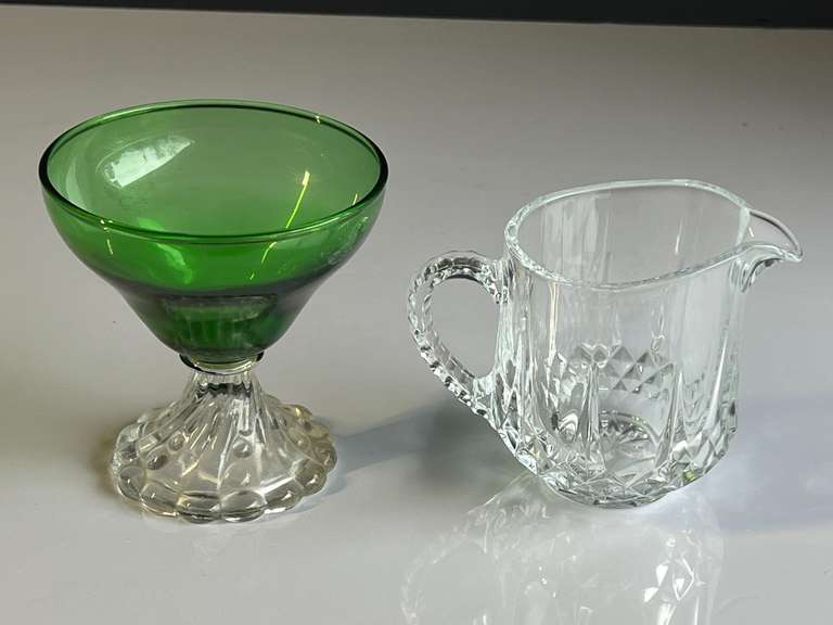 Garage… Vintage creamer, believed to be Arcoroc crystal, also includes a footed sherbet dish, believed to be vintage Anchor Hocking, see pictures for details. image