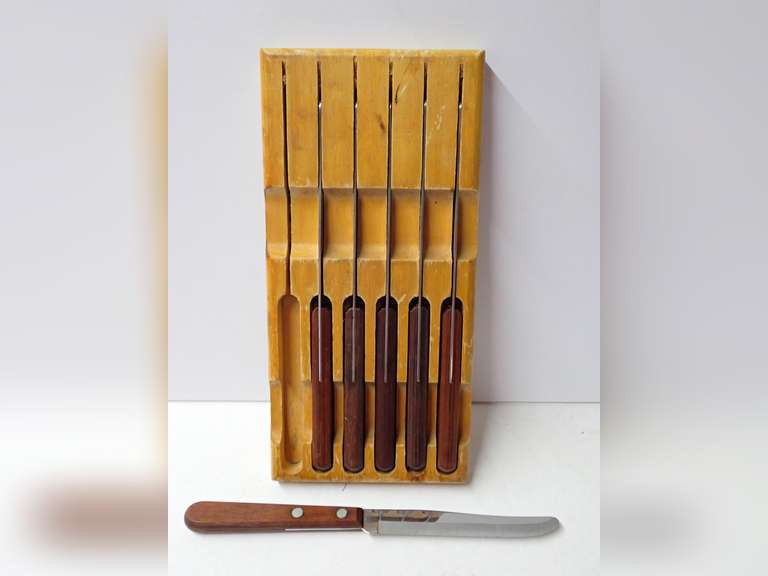 Set of Six Knives with Wood Handles and Storage Block image