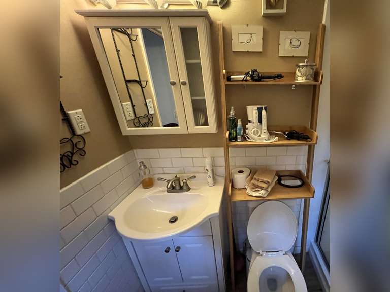 Master bath… Bathroom lot to include all content not attached to the house. Some items include an over the toilet shelving unit, wall decor, and more. See pictures for details. image