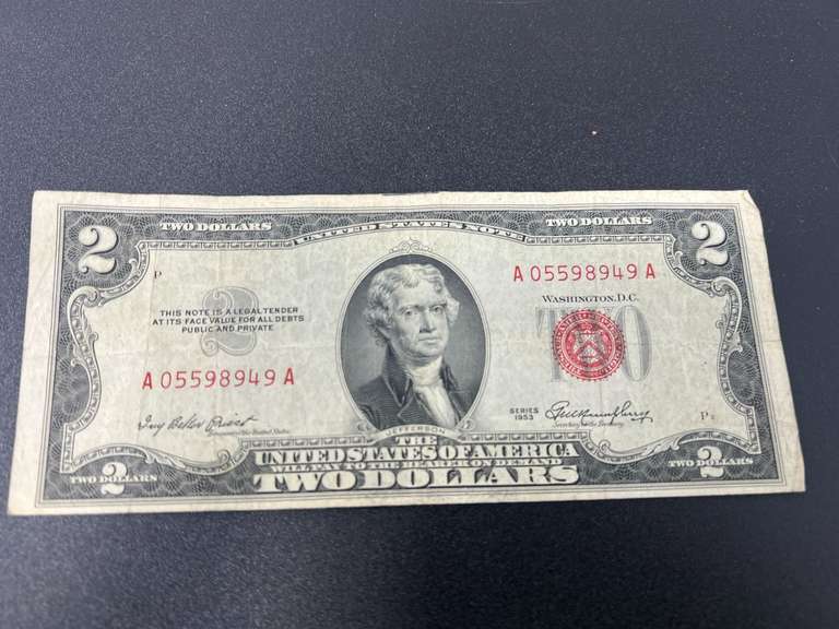 1953 series red seal two dollar bill, see pictures for details. image