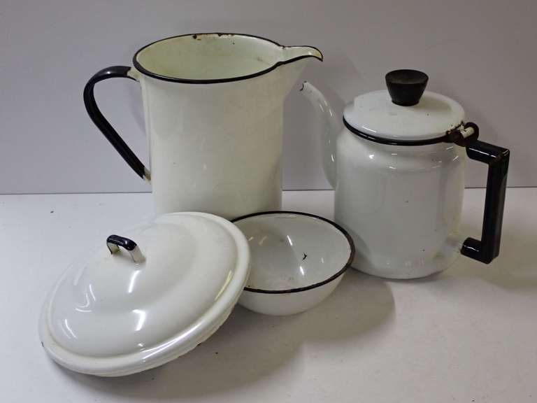 White Enamelware Pitcher, Teapot, Lid, and Bowl image
