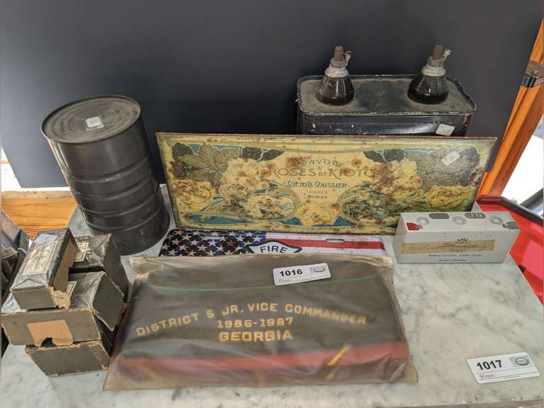 ALL ITEMS ON MARBLE TOP TABLE MARKED 1016 INCLUDING MID-CENTURY MILITARY ELECTRONIC PARTS, 1 LB MILITARY TIN BY MCCORMICK & CO., INC., ANTIQUE BATTERIES, AND MORE image