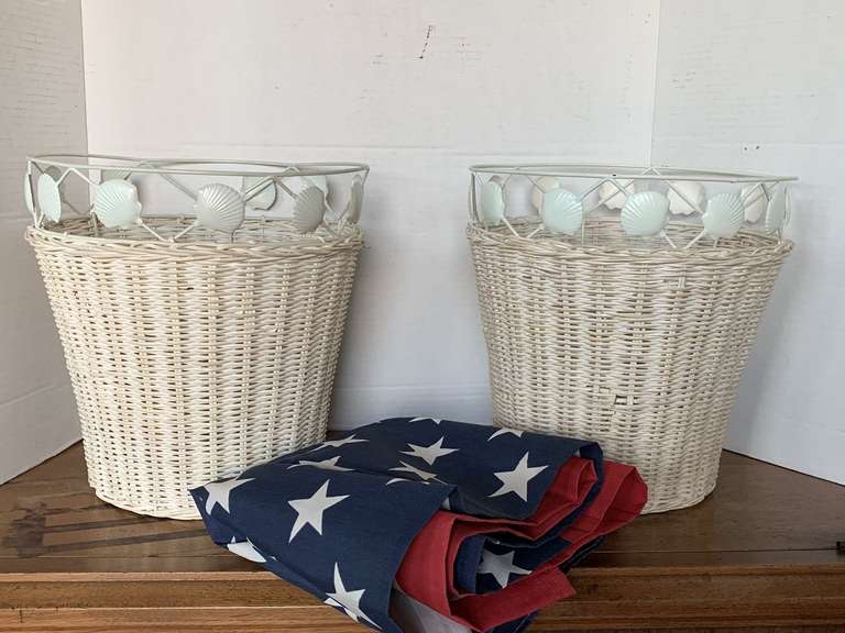 2 WHITE WICKER TRASH CANS W/ METAL SHELL DESIGN & AMERICAN FLAG 20" LONG X 64" WIDE image