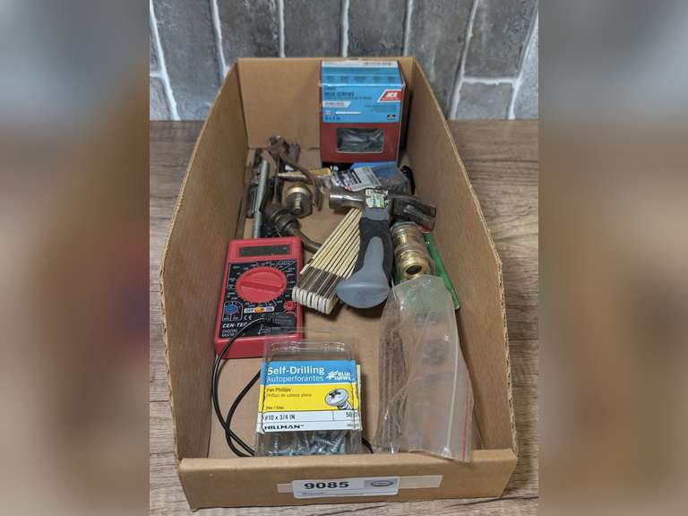 TOOLS AND HARDWARE INCLUDING MULTIMETER, PROPANE TORCH HEAD, STEP DOWN DRILL BITS, STUBBY HAMMER, VINTAGE FOLDING RULER, TIRE PRESSURE GAUGE, BRASS QUICK CONNECTOR, AND MORE image