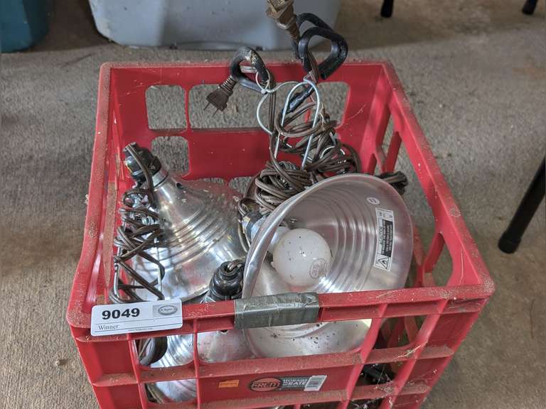 CRATE FILLED WITH FOUR CLAMP-ON SHOP LIGHTS image