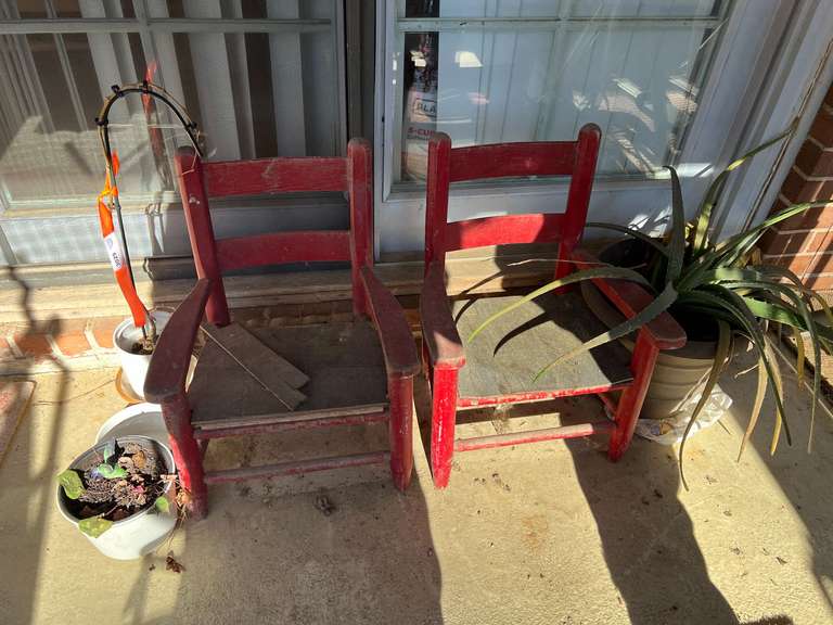 BP inside… Assorted planters, and two child’s ladder back chairs, seats need replacing, see pictures for details. image