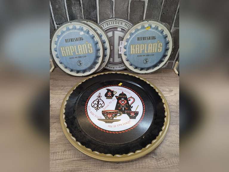 DECORATIVE METAL HANGING TRAYS AND VINTAGE COFFEE MOTIF SERVING TRAY, INCLUDES GERMAN EARNHARDT BLIEDEN MOTORWERKS AND REFRESHING KAPLAN'S image