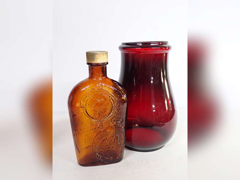 Embossed Glass Bottle and Antique Red Glass Railroad Lantern Shade image