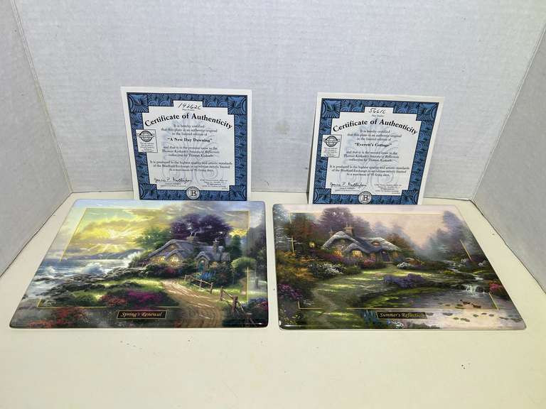 KIT...Thomas Kinkade art on ceramic tile wall plaque, set of two, come with certificate of authenticity, see pictures for details. image